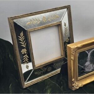 Vintage Venetian Style Etched Mirror Frame Glass Floral & Small Gold Frame